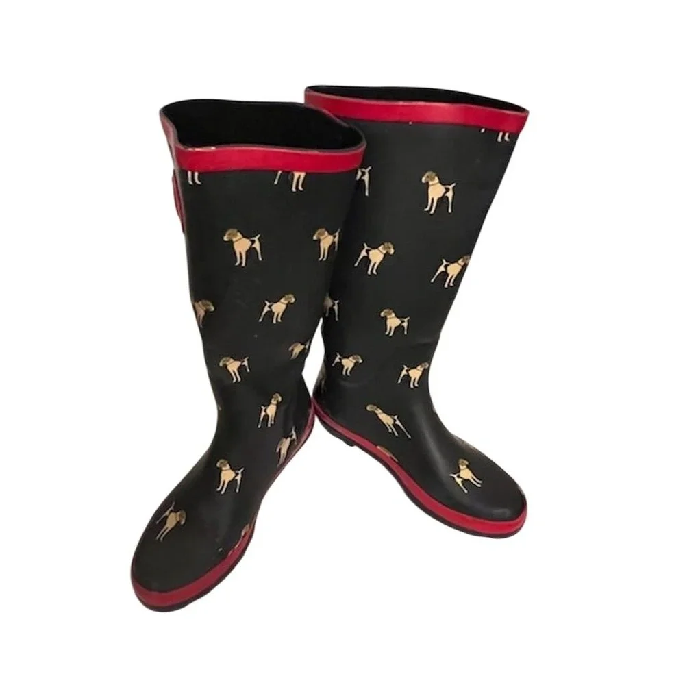 Henry Ferrera Women's navy Dog Print‎ Knee High Rain Boots Size 6 muck preppy